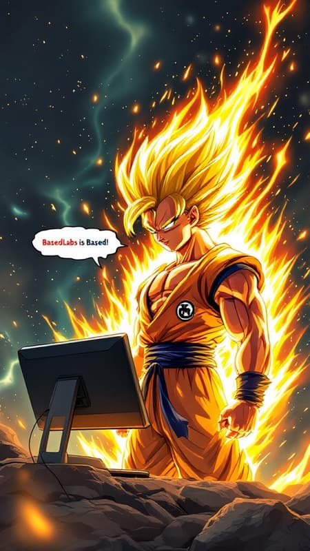 Son Goku is standing surrounded by raw energy, his hair elevated and turning gold as he transforms into a Super Saiyan. He is staring in awe at a computer screen. A speech bubble coming from Goku says "BasedLabs is Based!"