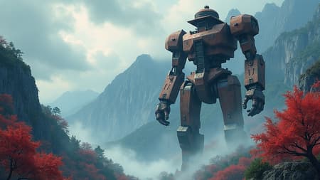 l3n0v0, HerbstPhoto, neo_victorian, D3tailedP0rtraits, 
Cyanotype, Flower power, yfg_gpt4 style,  

The Iron Pagoda,
masterpiece, best quality, ultra-HD, painterly anime illustration, watercolor softness mixed with realistic environmental detail, towering mountain ridge beneath storm clouds, gigantic rusted mech torso emerging from the cliffs, multi-level Japanese pagoda temple constructed directly into the machine’s chest cavity, red maple trees and white spider lilies surrounding stone stairways, cold mountain wind scattering leaves through mist and light rain, distant waterfalls, restrained fantastical realism, cinematic scale