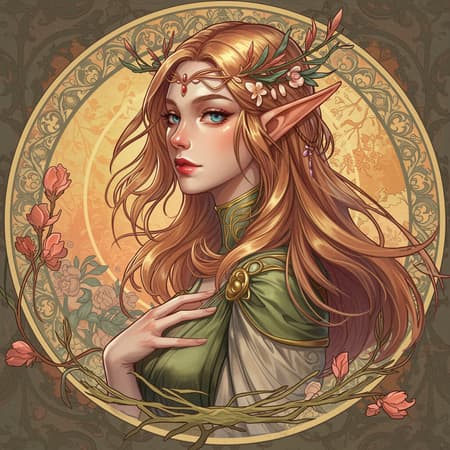 A stunning digital painting of a graceful female elf, showcasing an intricate and highly detailed portrait. The piece exudes elegance, blending inspiration from ArtStation concept art with a smooth, sharp focus. The artwork captures a mythical aura reminiscent of works by Artgerm, Greg Rutkowski, and Alphonse Mucha. The composition is richly detailed, with flowing hair and ethereal features, set against a vibrant background that highlights the elf's otherworldly beauty, rendered in 8k resolution for breathtaking clarity. Subtle elements of fantasy and floral motifs embellish the scene, adding depth and character to the illustration.
