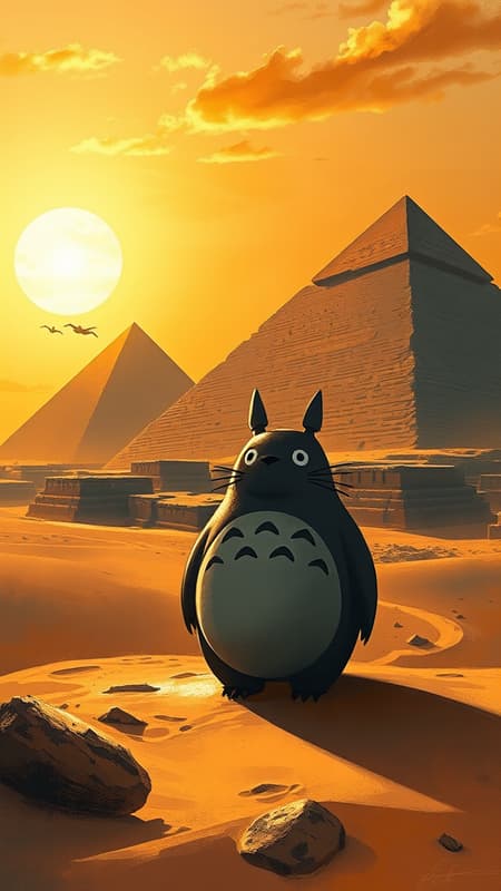Totoro exploring the ancient pyramids of Giza under a golden sunset sky, surrounded by the whispers of history and the gentle swirls of desert sand, capturing the mystic harmony between nature and monumental human achievements, in an expressive and dreamlike style.