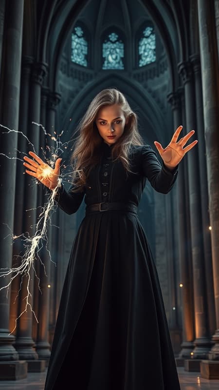 A mysterious young woman with an air of enigma stands in a shadowy gothic cathedral, her face set in a determined expression. Ethereal ghostly lights drift around the vast stone pillars, adding to the eerie atmosphere. She is captured in a powerful full-body stance, conjuring an ancient magic spell. Sparks of electric energy or flames erupt from her hands, casting an epic and otherworldly glow that dances across the cathedral’s aged walls, emphasizing the ancient secrets she is about to unleash.