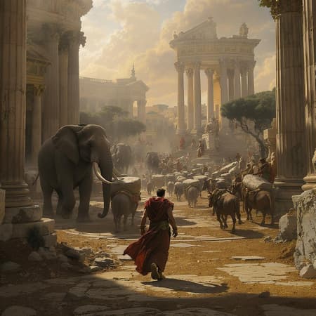 A man strolls through the bustling streets of ancient Rome, surrounded by the steady flow of people going about their daily lives. In an intriguing twist, animals of varying sizes—elephants, horses, and oxen—are diligently transporting stones, arranging them to form a majestic circle around the man. The scene is vividly set against the grandeur of Roman architecture, with towering columns, ornate temples, and imposing statues that speak to the splendor of the era. The artwork is imbued with the style of Greg Rutkowski, featuring cinematic lighting that casts dramatic shadows and highlights each intricacy with precision. Every element is rendered with stunning high resolution, showcasing the sharp focus and superlative detail that brings the scene to life with breathtaking clarity and realism. The overall atmosphere captures the majestic and mythical essence of ancient Rome, transforming it into a concept art masterpiece.