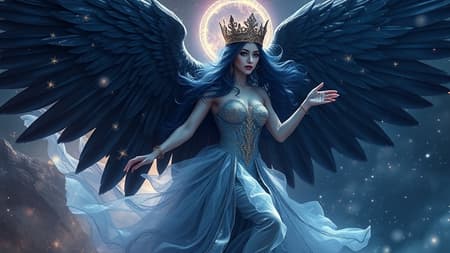 Majestic raven queen in motion, alluring femme fatale, celestial plumes, orchestrating the cosmos, shimmering blue hair, eyes in deep indigo, fantasy realm akin to world of warcraft, draped in a gossamer, cosmic silk dress, adorned with stars and galaxies, full-body portrayal reminiscent of john singer sargent's style, wearing an ethereal and ornate crown, captured from a low angle with god rays and radiant illumination, inspired by greg rutkowski, surrounded by an iridescent halo, ultra realistic with a detailed environment, suitable for art station, set in a dark fantasy with atmospheric hyperrealism, meticulously detailed, grand wide composition, photorealistic, sharp focus, rendered with cinematic brilliance. Majestic raven queen in motion, alluring femme fatale, celestial plumes, orchestrating the cosmos, shimmering blue hair, eyes in deep indigo, fantasy realm akin to world of warcraft, draped in a gossamer, cosmic silk dress, adorned with stars and galaxies, full-body portrayal reminiscent of john singer sargent's style, wearing an ethereal and ornate crown, captured from a low angle with god rays and radiant illumination, inspired by greg rutkowski, surrounded by an iridescent halo, ultra realistic with a detailed environment, suitable for art station, set in a dark fantasy with atmospheric hyperrealism, meticulously detailed, grand wide composition, photorealistic, sharp focus, rendered with cinematic brilliance.