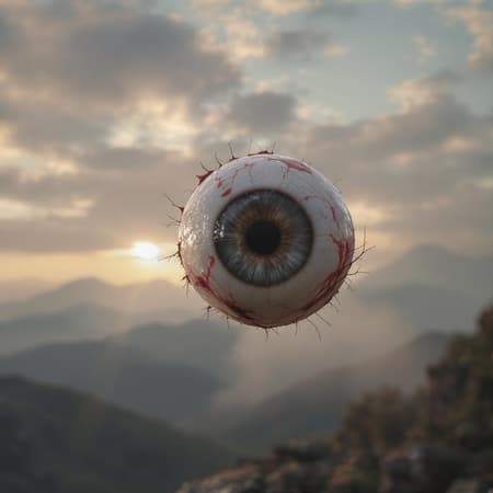 Ultra-realistic depiction of a floating eyeball bathed in the pale light of a sunrise, dramatic and cinematic lighting emphasizing its battered texture. Captured from a low angle, the scene is focused and contains extreme details, creating a masterpiece that seems straight out of Unreal Engine 5. It's a trending artwork on ArtStation, boasting hyper-realism and intricate design motifs inspired by Studio Ghibli, with artistic influences by J.M.W. Turner. The piece balances the surreal with the emotive, offering viewers a journey into an otherworldly dimension yet grounded in breathtaking realism.