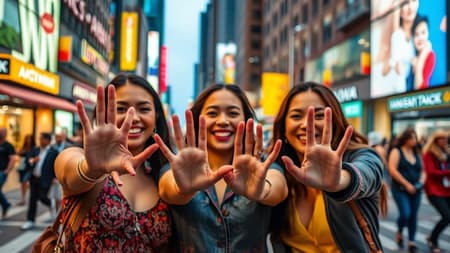Vibrant urban scene capturing a trio of women on a bustling downtown street, their hands playfully reaching towards the lens, casting intriguing shadows on their joyful faces, each exuding confidence and camaraderie amidst the colorful blur of city life.