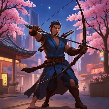 Futuristic cityscape blended with traditional Japanese elements; Hanzo from Overwatch standing in a powerful stance, exuding intensity; his facial features sharply defined by key light; wearing traditional attire that hints at his rich heritage; in a poised archer's stance, bow drawn, eyes focused; a harmonious blend of cherry blossoms, sleek architecture, and glowing neon lights; captured in a medium-wide shot, seamlessly merging anime, manga, CGI, and video game aesthetics into a dynamic and immersive painting.