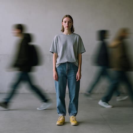 Photography front view, an artistic image capturing the essence of urban hustle with a single focused female professional model figure standing still, surrounded by a blurred motion of multiple people walking past her, creating a sense of movement, main model wearing a grey loose-fit T-shirt and denim jogger pants with vibrant yellow skateboard shoes, sub models clad in loose fit hoodies and jogger pants paired with sneakers, camera used is Sony α9 II with Sony FE 100-400mm f/4.5-5.6 GM OSS lens, set in an open, minimalistic space with soft, indirect lighting and a neutral color scheme to accentuate the motion blur, main subject remains sharply in focus, contrasting with the transience of figures around, emphasizing the theme of stillness amidst chaos, background features a plain wall with subtle texture, maintaining the focus on the motion effect.