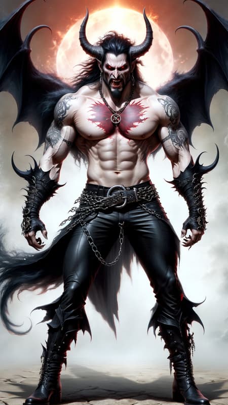 Cosmic horror. Chaos from creation. Abyss demon, death demon. Hypermasculine male, tall, extremely muscular, brute, sinewy. Pale white skin. Red, menacing eyes with dark circles around them. Strong brow and jaw, vampire-like fangs in his mouth. Black medium length hair, wild and unruly. 2 large white ivory horns curving up from the sides of his head. Black goatee on his face. His upper body is covered in dark red tribal tattoos and sigils, all neatly arranged. Big silver chains are wrapped around his massive chest in an o-ring style harness, also wrapped above his biceps. Heavy black leather bracers with spikes are on his arms. Hands have black, claw like fingernails. He wears form-fitting, leather bondage-type pants with chains around his waist. A large silver inverted pentacle as the belt buckle. Pants are tucked into big, heavy black boots adorned with silver metal. He has 2 gigantic demon wings, black on the outsides and reddish on the insides-- he uses them to fly. He has a dark aura and there is black smoke wherever he goes. Full body pose. He is a worshiper of Death. Cosmic horror. Chaos from creation. Abyss demon, death demon. Hypermasculine male, tall, extremely muscular, brute, sinewy. Pale white skin. Red, menacing eyes with dark circles around them. Strong brow and jaw, vampire-like fangs in his mouth. Black medium length hair, wild and unruly. 2 large white ivory horns curving up from the sides of his head. Black goatee on his face. His upper body is covered in dark red tribal tattoos and sigils, all neatly arranged. Big silver chains are wrapped around his massive chest in an o-ring style harness, also wrapped above his biceps. Heavy black leather bracers with spikes are on his arms. Hands have black, claw like fingernails. He wears form-fitting, leather bondage-type pants with chains around his waist. A large silver inverted pentacle as the belt buckle. Pants are tucked into big, heavy black boots adorned with silver metal. He has 2 gigantic demon wings, black on the outsides and reddish on the insides-- he uses them to fly. He has a dark aura and there is black smoke wherever he goes. Full body pose. He is a worshiper of Death.