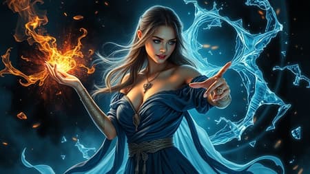 In a mystical and shadowy fantasy realm, a radiant and slender female wizard gracefully stands, channeling a captivating spell with elemental forces spiraling around her. She is draped in an alluring off-shoulder ensemble, exquisitely decorated with intricate rings that highlight elaborate patterns and textures. Her luminous, fair skin glows under a gentle, otherworldly light, accentuating her mesmerizing blue eyes and enchanting smile. Elements of fire, water, wind, and ice weave together in a harmonious and dynamic display, forming a stunning, ultra high-resolution visual spectacle.