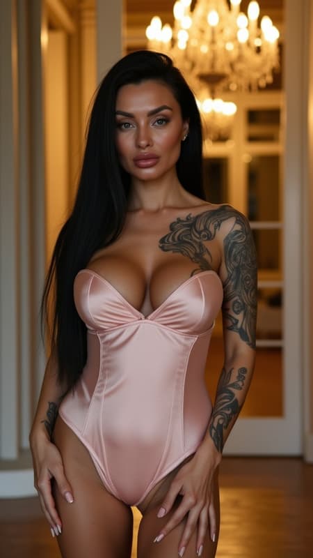 Ultra-realistic, high-fashion portrait of a confident woman in an opulent indoor setting, exuding elegance and boldness. The woman is dressed in a luxurious, form-fitting satin corset in a soft champagne pink tone, its structured design emphasizing her figure while adding a touch of sophistication. Her skin is adorned with intricate tattoos that enhance her edgy yet glamorous aesthetic, creating a striking contrast with the softness of the satin fabric.

Her dark, sleek hair cascades effortlessly over her shoulders, adding to her alluring presence. Her expression is calm and self-assured, with softly closed eyes and a serene, slightly parted mouth, reflecting her inner strength and grace. The warm, golden lighting highlights the richness of her attire and skin, casting subtle shadows that add depth and dimension.

The backdrop features a grand chandelier, sparkling with golden light, suspended in a room with classical architectural details such as tall doorways and elegant woodwork. The muted tones of the background allow the subject to stand out while contributing to the luxurious atmosphere. The overall composition captures a perfect balance of modern sensuality and timeless elegance, with a focus on textures, light, and the interplay of bold and soft elements.