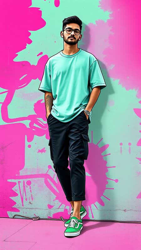 A creative illustration art full-body of a man wearing a mint green oversized T-shirt and black capri cargo pants, complemented by green Vans Old Skool sneakers, all blending into a vividly colored digital artwork. The scene features bold outlines and an explosion of bright pink, neon green, and magenta, portrayed in a playful, cute cartoonish art style. The man is positioned against a vibrant wall that forms the solid background, maintaining a colorful and lively essence throughout the composition. Small creative twists enrich the core concept, enhancing the imaginative and dynamic mood of the artwork.