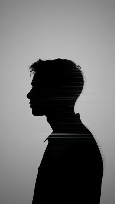 A vertical portrait featuring a single human silhouette embedded in glitch art, showcasing linear distortion and digital interference. The piece combines horizontal scan lines with diffuse lighting, set against a minimal grey background. The silhouette appears horizontally distorted, interspersed with a scan line interference pattern, evoking a corrupted data aesthetic. The composition is enriched with noise texture and horizontal artifacts, lending it an overall raw yet creatively modified visual style.