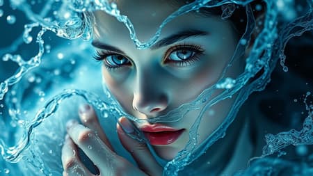 Ethereal woman composed of water, realistic fantasy art, hyper-detailed, photo-realistic eyes, water splashing dynamically, mysterious lighting, 8k resolution, UHD, HDR, Model: Dark Sushi 25D, seamlessly integrated with natural elements, unique and harmonious features, captivating gaze, graceful and fluid form, lifelike hands, clear and sharp imagery, in-frame, high resolution, free of distortions or distractions, seamlessly blended, vivid and enchanting atmosphere. Ethereal woman composed of water, realistic fantasy art, hyper-detailed, photo-realistic eyes, water splashing dynamically, mysterious lighting, 8k resolution, UHD, HDR, Model: Dark Sushi 25D, seamlessly integrated with natural elements, unique and harmonious features, captivating gaze, graceful and fluid form, lifelike hands, clear and sharp imagery, in-frame, high resolution, free of distortions or distractions, seamlessly blended, vivid and enchanting atmosphere.