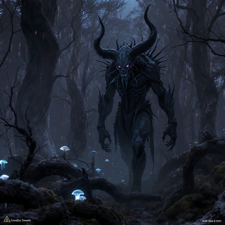 Gothic illuminated anthropomorphic creature, full body, wandering in a bioluminescent forest, surrounded by a surreal and haunting atmosphere. The scene is epic and fluorescent, with an eerie and creepy horror undertone. The creature boasts an intricate design, marked by dark and captivating details, brought to life with dramatic and cinematic lighting. It's photorealistic and immersive, captured in stunning 8k resolution with a 9:16 aspect ratio, evoking a sense of otherworldly mystery and intense visual allure.