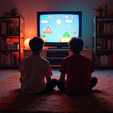 olympusd450, 3 friends in a living room playing super nintendo, sitting on the carpet in 1999 staring super mario game on the retro tv, glare shining off the tv, retro nostaliga olympusd450, 3 friends in a living room playing super nintendo, sitting on the carpet in 1999 staring super mario game on the retro tv, glare shining off the tv, retro nostaliga
