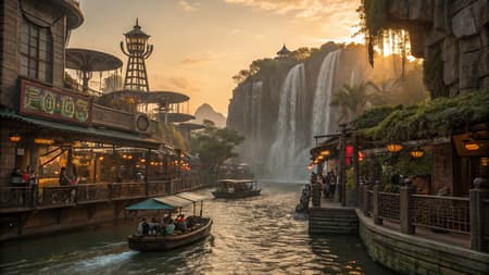 Floating islands market bazaar, anti-gravity water connects the land masses, merchant ships sail through air waterfalls, lanterns and neon signs mix with alien architecture, golden sunset