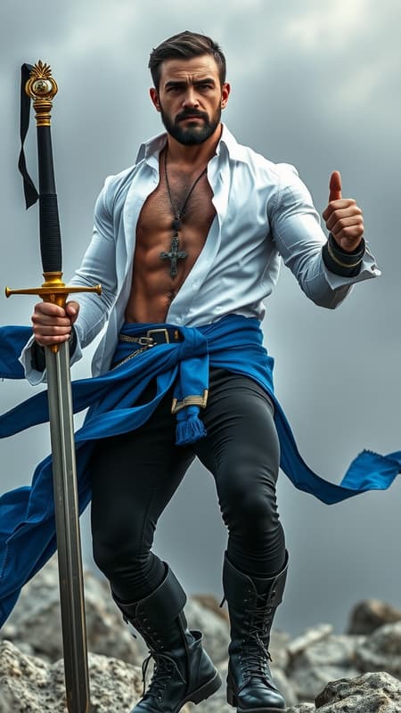 Swordsman, guardian, soldier of a good and righteous King. Hypermasculine male. Caucasian male, Russian origin. Tall, muscular, sinewy, strong, broad chested, wide shouldered, narrow waist. Extremely hairy, hirsute body {{{ thick coarse hair on chest ,abs, arms,legs}}} Pale grey eyes, handsome masculine face, strong brow, chiseled chin with dimple, slight thin black mustache. Short black hair with silver streak up front, wavy fade hairstyle with curls pushed to one side {{{SHORT HAIR}}}. Silky sheer white long sleeved collared shirt, unbuttoned to his navel to reveal his hairy chest. Long, loose sleeves above hairy wrists. Cross pendant with sapphire sliver chain around the neck. Long royal blue sash around the waist, flowing in the wind. Shiny formfit black tights/pants, legs powerful and muscular. Pants tucked into black leather pirate boots, boots adorned with silver metallic designs. Black belt strap across his chest, holding a sapphire jeweled bastard sword. Swordsman fighting stance, full body pose. {{{VERY HAIRY CHEST}}} Swordsman, guardian, soldier of a good and righteous King. Hypermasculine male. Caucasian male, Russian origin. Tall, muscular, sinewy, strong, broad chested, wide shouldered, narrow waist. Extremely hairy, hirsute body {{{ thick coarse hair on chest ,abs, arms,legs}}} Pale grey eyes, handsome masculine face, strong brow, chiseled chin with dimple, slight thin black mustache. Short black hair with silver streak up front, wavy fade hairstyle with curls pushed to one side {{{SHORT HAIR}}}. Silky sheer white long sleeved collared shirt, unbuttoned to his navel to reveal his hairy chest. Long, loose sleeves above hairy wrists. Cross pendant with sapphire sliver chain around the neck. Long royal blue sash around the waist, flowing in the wind. Shiny formfit black tights/pants, legs powerful and muscular. Pants tucked into black leather pirate boots, boots adorned with silver metallic designs. Black belt strap across his chest, holding a sapphire jeweled bastard sword. Swordsman fighting stance, full body pose. {{{VERY HAIRY CHEST}}}