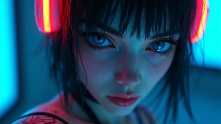 Photorealistic portrait of a futuristic gothic woman, focus on breasts, medium round breasts, with neon tattoos and holographic accessories, intense blue eyes, dark hair, messy hair, piercing, smooth and flawless skin, stark cinematic lighting, side spot lighting, cyberpunk fantasy style, in the style of octane render, 3D game art, in the style of Unreal Engine 5, electric volumetric light, ultra-sharp focus, HDR, in the style of Unreal Engine, HDRI, ray tracing, 8K. Masterpiece, best quality, highly detailed, vivid focus, dynamic lighting
