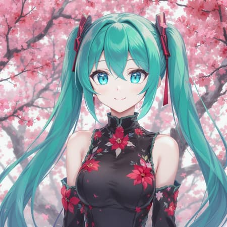 Anime style portrait of a teal haired girl with long twin tails and bright aqua eyes, wearing a sleek black high collar dress, crowned with vivid red and black flowers, standing calmly amid slender branches dotted with matching red blossoms, soft diffused daylight background, rich color depth, crisp line work, ultra detailed 8K illustration









