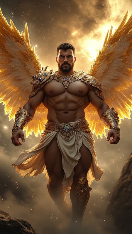 Majestic Hypermasculine Archangel Warrior Celestial Guardian Of The Cosmos Epic Majestic hypermasculine Archangel warrior, celestial guardian of the cosmos, epic heroic fantasy style, ultra-detailed digital art. Athletic bodybuilder physique with defined musculature, impressive 8-foot tall stature, broad V-tapered torso, expansive chest, and powerful limbs. Dense masculine body hair covers his sculptured chest, abs, arms, and legs. Chiseled Caucasian features with strong squared jawline, prominent brow, and classical Greek god-like facial structure. Dark brown hair styled in modern wavy fade, closely trimmed sides with artfully tousled curls on top. Intricate golden diadem with celestial engravings adorns his brow. Striking electric blue eyes radiating divine energy, ethereal glow effect. Ornate metallic gold armor: pauldrons with faceted sapphire cabochons, detailed filigree bracers, ceremonial chest harness with gleaming ring centerpiece, elaborate belt with azure gems. Luxurious metallic gold pteruges-style loincloth with dimensional draping. Knee-high armored boots with celestial motifs. Magnificent golden wings spanning 20 feet, individual feathers catching starlight, unfurled in dynamic flight pose. Superhero landing pose, soaring through deep space backdrop with spiral galaxies and nebulae. Volumetric god rays emanating from figure, golden hour lighting with rim highlights. Cinematic composition, dramatic foreshortening, extreme detail, photorealistic rendering, octane render, 8k resolution.