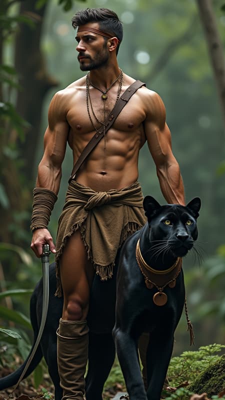 Caucasian jungle man, guardian of the rainforest. Jypermasculine male. Dark brown hair short on sides longer on top {{{short hair}}}. A brown leather band tied around the forehead.  Tanned skin, smooth and hairless. Pale grey eyes with intense spiritual gaze. Strong brow and chiseled strong jaw, handsome, masculine rugged looks. Soul patch on face. Tall, strong, muscular, sinewy, well defined, broad shoulders, broad chest, wide back. Olympian gymnast build/body. Gold necklace/talisman with leather strap around the neck. Wrapped brown leather bands around wrists, bands around tops of biceps, accenting big arms. Brown o-ring harness on the chest, strapped from the shoulder. Brown leather loincloth, barely covering the crotch area, exposing strong powerful legs. Soft, brown cloth knee-high boots wrapped around legs. Full body pose. He wields a unique bastard sword that he straps to his back.  He keeps company with a huge, sleek black panther.  ((MASTERPIECE))  
