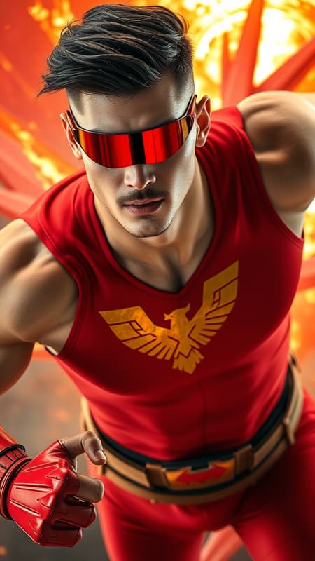 Dramatic superhero portrait, photorealistic male fashion model, dynamic action pose in mid-flight, cinematic lighting, volumetric fire effects. Athletic French Caucasian man, 6'2", lithe muscular physique like a gymnast. Chiseled facial features, high cheekbones, strong angular jawline, pronounced brow. Striking pale ice-blue eyes beneath ruby-red solar shield visor with metallic finish. Styled noir-black hair, undercut fade sides, longer textured top swept back dramatically. Precise black chevron mustache, clean-shaven face, flawless complexion. Wearing form-fitting spandex costume: crimson red compression shirt with deep v-neck to navel, strategic side cutouts revealing obliques, sleeveless to showcase defined arms. Metallic gold geometric hawk emblem emblazoned across pectorals, high-detail rendering. Armored red gauntlets with raised gold flame patterns, energy emanating from palms. Metallic crimson utility belt with angular v-design, tech details. Marigold gold compression tights with arterial flame patterns ascending from knees, high-gloss finish. Crimson metallic boots to knees, gold flame accents, armored appearance. Massive fiery hawk-shaped aura surrounds figure, particle effects, heat distortion. Dual flame streams spiraling from hands, volumetric lighting. Hero shot composition, low angle view, dramatic backlighting, lens flares, smoke effects. Style: hyper-detailed digital art, 8k resolution, octane render, dynamic motion blur, rim lighting, atmospheric perspective. Dramatic superhero portrait, photorealistic male fashion model, dynamic action pose in mid-flight, cinematic lighting, volumetric fire effects. Athletic French Caucasian man, 6'2", lithe muscular physique like a gymnast. Chiseled facial features, high cheekbones, strong angular jawline, pronounced brow. Striking pale ice-blue eyes beneath ruby-red solar shield visor with metallic finish. Styled noir-black hair, undercut fade sides, longer textured top swept back dramatically. Precise black chevron mustache, clean-shaven face, flawless complexion. Wearing form-fitting spandex costume: crimson red compression shirt with deep v-neck to navel, strategic side cutouts revealing obliques, sleeveless to showcase defined arms. Metallic gold geometric hawk emblem emblazoned across pectorals, high-detail rendering. Armored red gauntlets with raised gold flame patterns, energy emanating from palms. Metallic crimson utility belt with angular v-design, tech details. Marigold gold compression tights with arterial flame patterns ascending from knees, high-gloss finish. Crimson metallic boots to knees, gold flame accents, armored appearance. Massive fiery hawk-shaped aura surrounds figure, particle effects, heat distortion. Dual flame streams spiraling from hands, volumetric lighting. Hero shot composition, low angle view, dramatic backlighting, lens flares, smoke effects. Style: hyper-detailed digital art, 8k resolution, octane render, dynamic motion blur, rim lighting, atmospheric perspective.