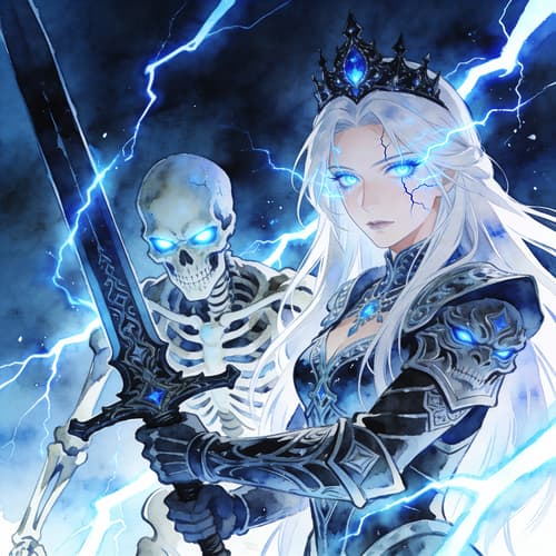 A powerful ice queen with long flowing white hair and a d...