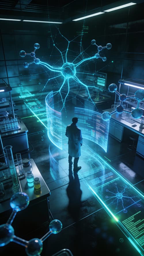 A sleek, dimly lit research laboratory with translucent h...