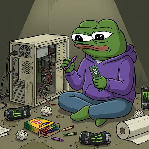 Pepe the Frog, meme character, in a purple hoodie and blu...