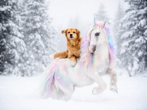 Dog on a unicorn in a snowstorm