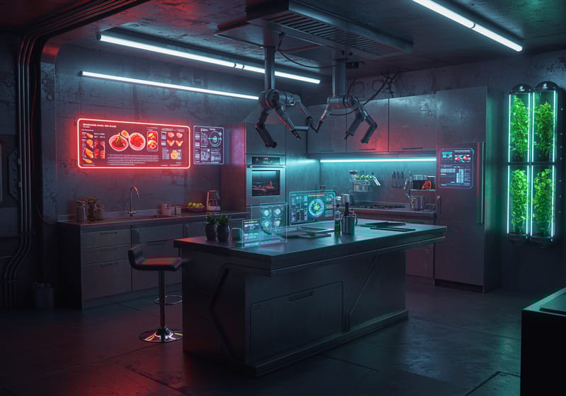 cyberpunk kitchen interior design 2049