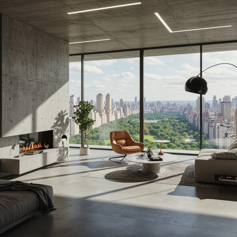 brutalist interior design within a manhattan apartment overlooking central park