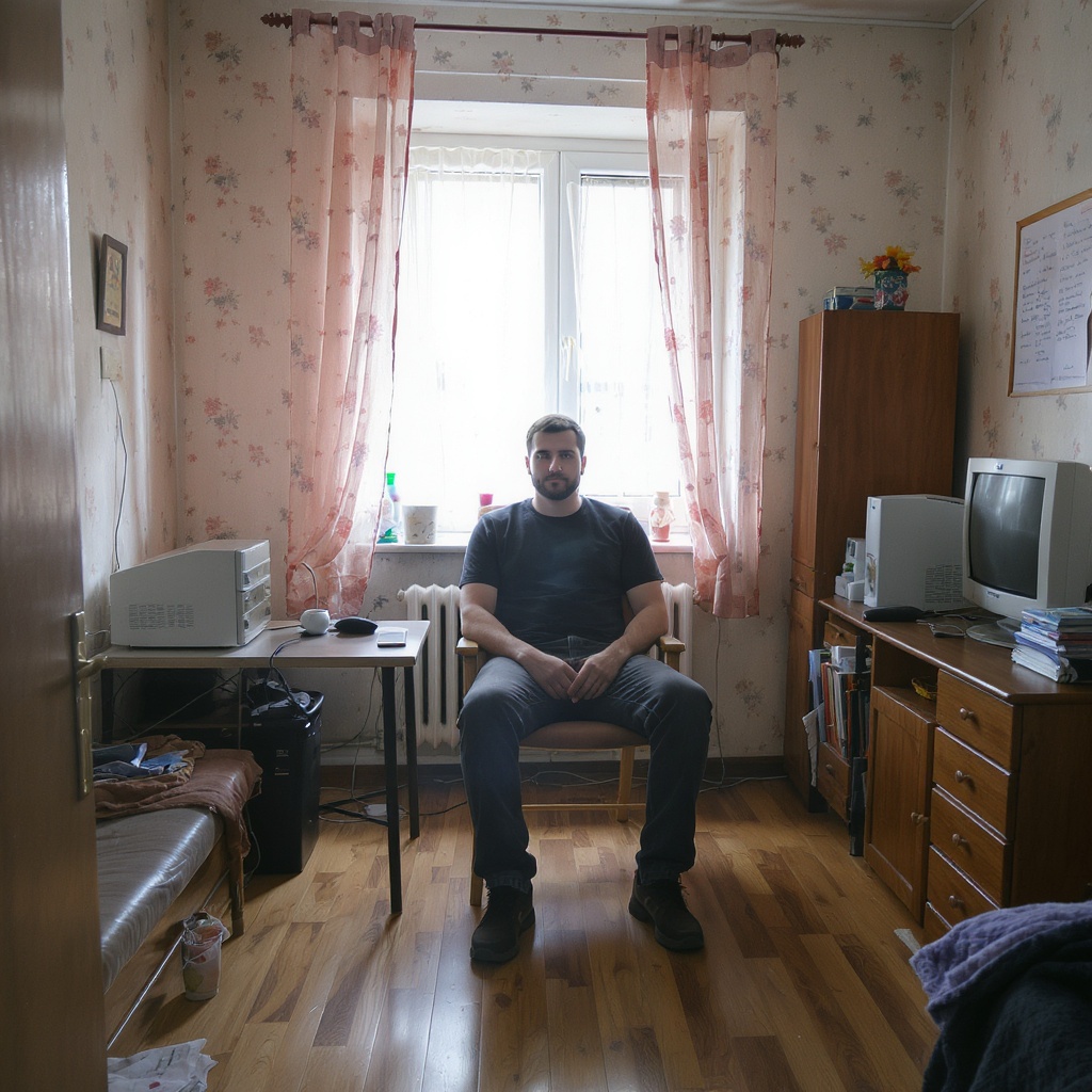 Generate a room where a 27-year-old man named Alex