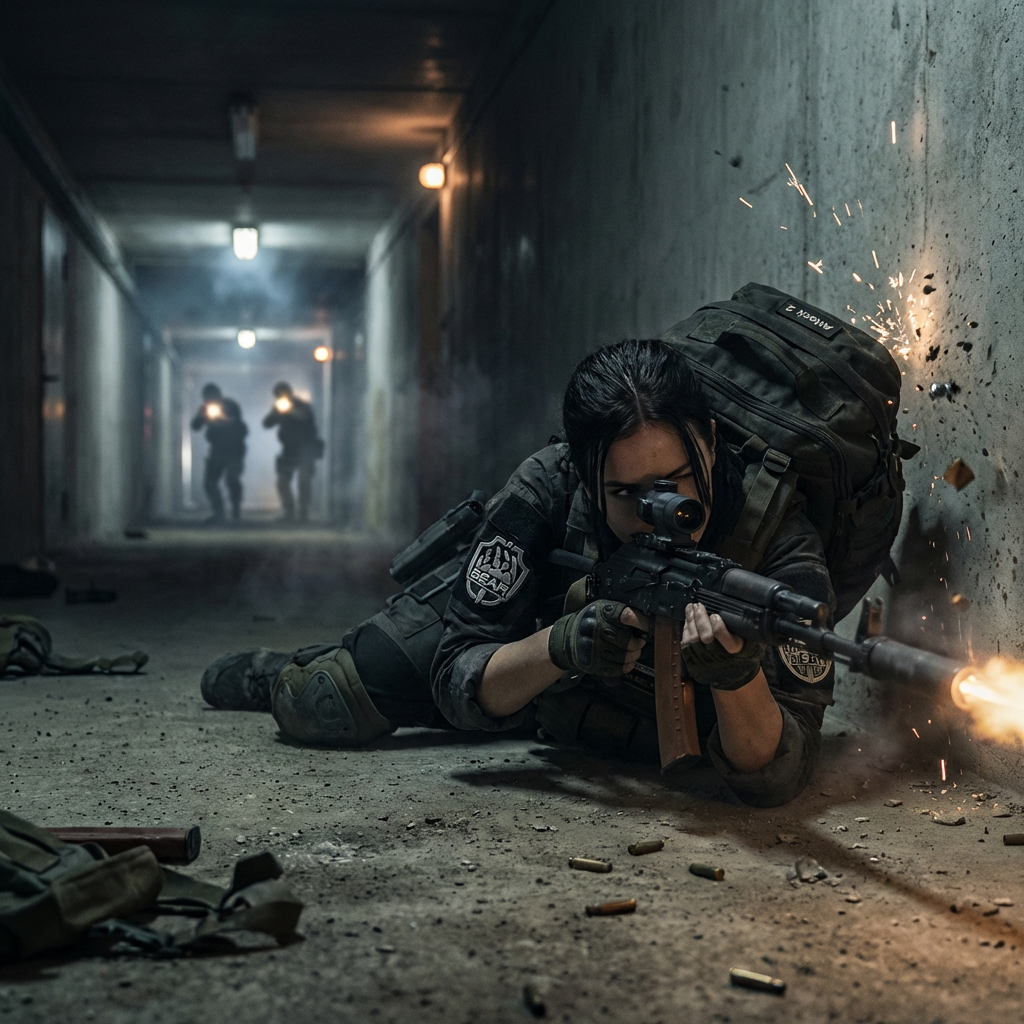 Female Operator Firing Rifle In Dark Corridor