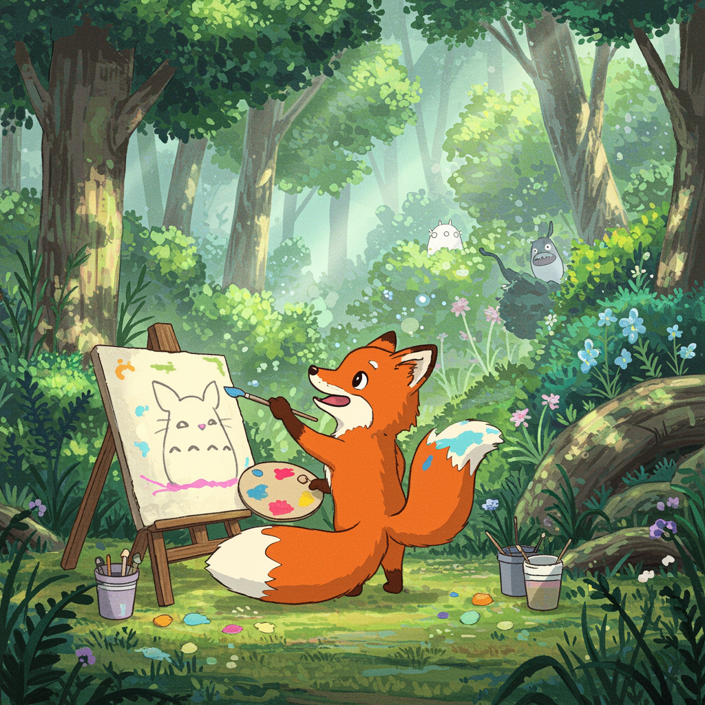 Fox Joyfully Paints Artwork