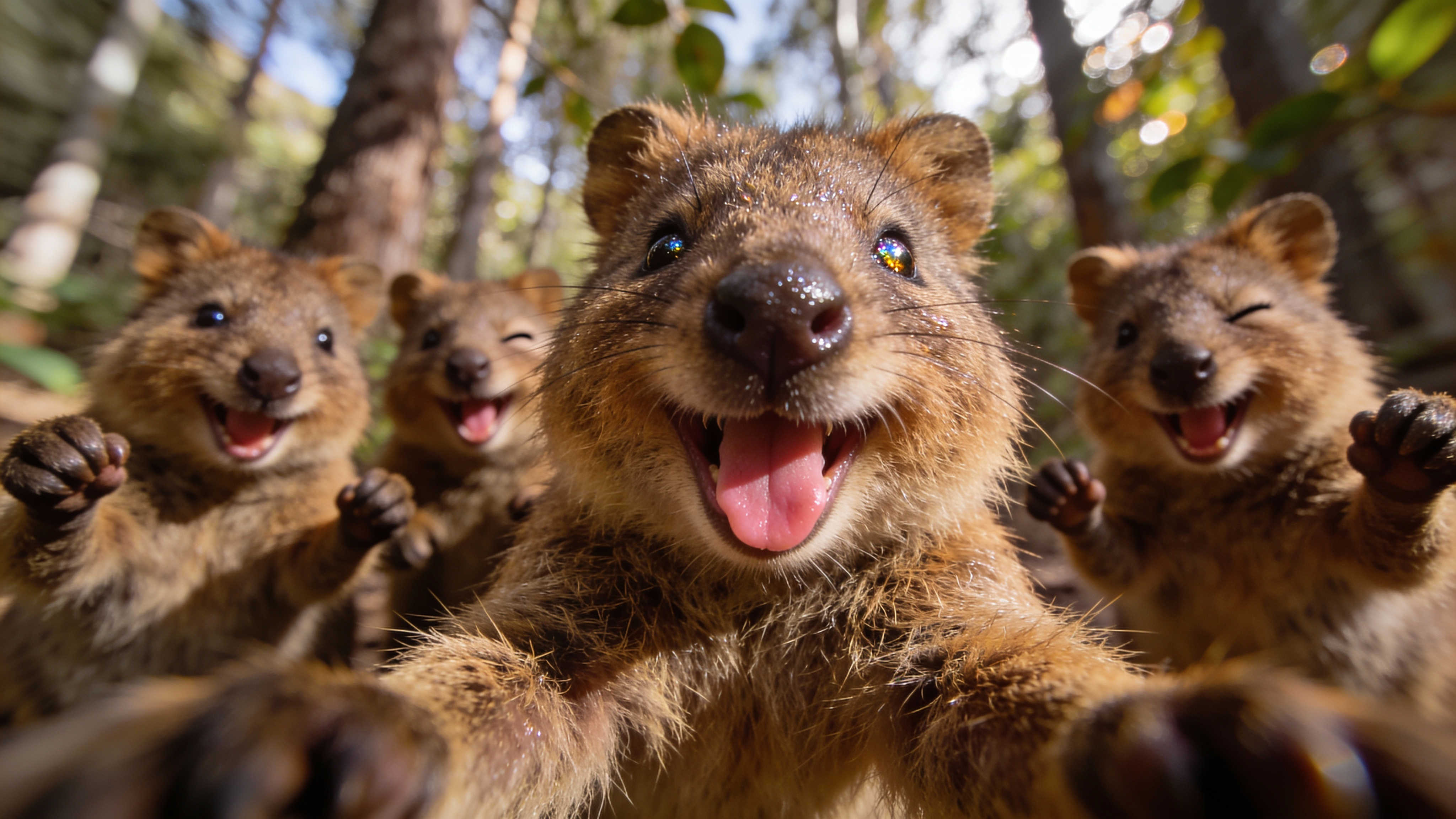 Subject: A hyper-realistic, wide-angle "selfie" perspective shot taken by a group of four adorable quokkas in a forest. The central quokka dominates the foreground with a huge, infectious smile and its pink tongue sticking out. Three other quokkas crowd into the background, laughing, winking, and making funny photobomb faces with their paws raised.

Style: High-end nature photography with a humorous, anthropomorphic twist. 8k resolution with incredible fur texture fidelity. The lens distortion mimics a GoPro or smartphone selfie camera.

Lighting: Soft, natural daylight filtering through the trees, creating a warm and happy atmosphere.

Details: The texture of the wet noses, the sparkle in their eyes, and the soft, tufted brown fur are rendered with extreme precision. The background is a soft, leafy blur (bokeh) of tree trunks.

Aspect Ratio & Format:

Vertical (portrait)