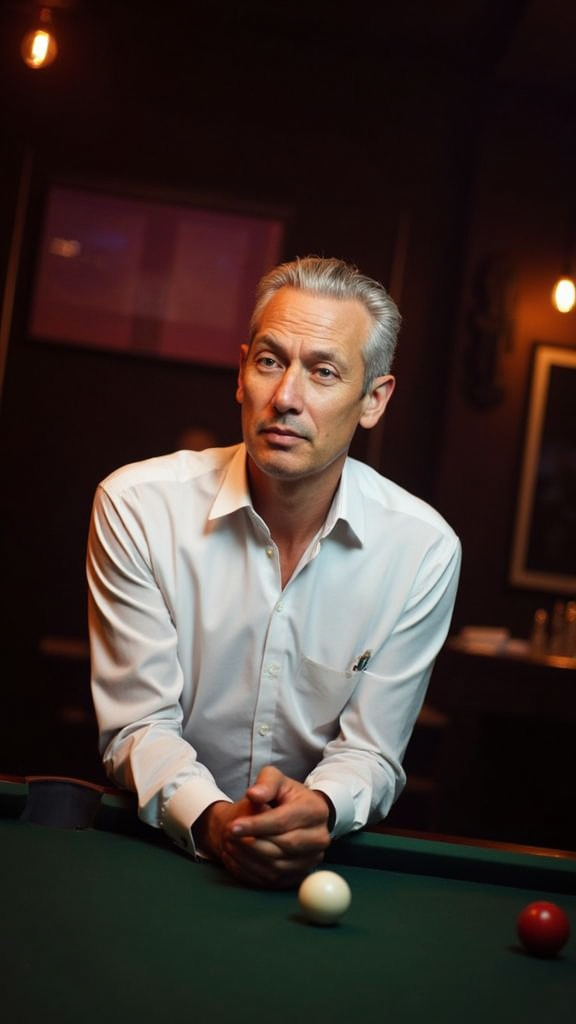 <lora:araminta-s-glamourphotography:1.25>
a professional (full body photo:1.9) of  (a man named John Silva from bulgaria:1.2) (wearing White shirt) BREAK
(Standing,leaning back:1.5) shot on Contax G1/G2 Camera by Zisis Kardianos, BREAK
feeling Discouraged, Indoors, Dimly lit bar, Night, Dramatic Lighting, pool table, String QuartetBREAK, 
(30 years old, wrinkle forehead, (perfect skin:0.2), (wrinkles:0.8), (skin imperfection:1), (wrinkled face:1.1), (Silver asymmetrical cut  hair, blue eyes), BREAK
detailed eyes, detailed face, detailed skin, perfect hands, perfect feets, photo, high skin detail, moles, imperfect skin, ultra realism, RAW photo, subsurface scattering