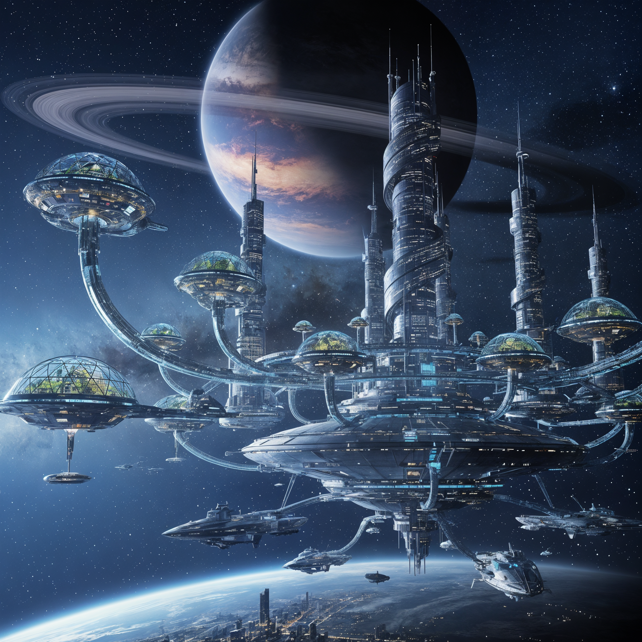 A Vast Futuristic Space Colony Orbiting A Distant Planet Luminous