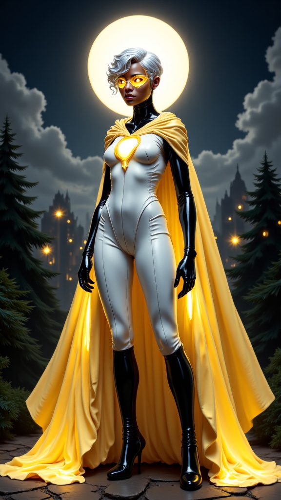 African-American female super-hero. She has the powers of the moon, and her abilities to use moonlight. Tall, lithe, athletic build. Smooth brown skin. Silvery-white hair with a short asymmetrical cut, shorter on back and sides, longer on top with curls that fall forward. She has beautiful brown eyes, but they're usually hidden behind a golden-yellow super-hero mask. Her costume is a full shimmering white form-fitting bodysuit that covers her from the neck down. Jet black arm-length latex gloves that come to points at the elbows and blend into her costume seamlessly. Black latex high-heeled boots that come to points up to mid thigh and blend seamlessly into her costume.  The upper part of her costume has a crescent moon on the front that starts at her left shoulder, works it's way towards her right rib and wraps back around to her left hip. The crescent moon symbol is also golden-yellow in color. She wears a short golden-yellow cape that is also shaped like a crescent moon that flows out and down from her neck and hooks into her left hip with a shiny crescent moon pin. 

She can create a crescent moon shaped bow made of energy, and fire light/energy blast arrows from it. They light up like stars when they hit their target. She can also see in the dark without the use of a flashlight, having night-vision within her eyes. She glows like the moon after dark. Full body pose, probably firing her energy arrows at a target while roaming the city limits. 