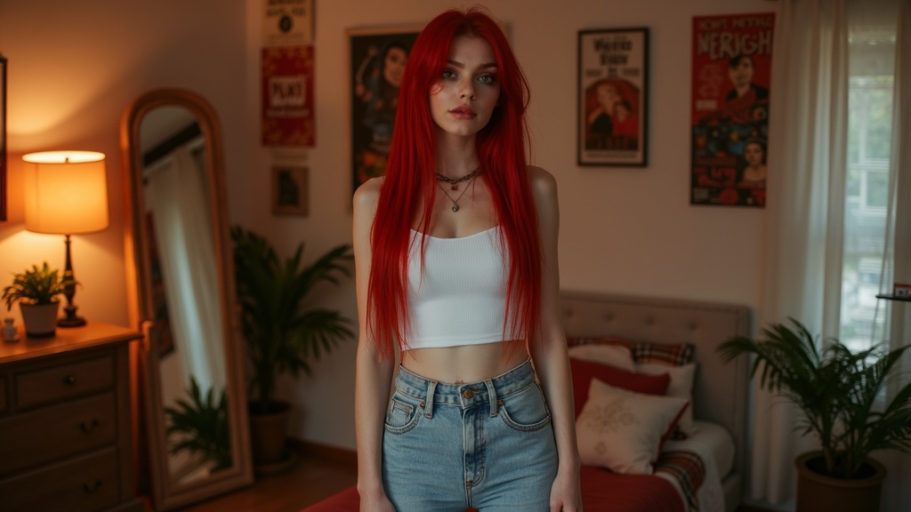 Redhead Woman In Cozy Bedroom Full body shot of a redhead woman in a cozy bedroom, wearing a white crop tank top and light blue denim jeans, long straight red hair, gothic makeup with red streaks under eyes, standing in front of a mirror, aesthetic room decor, plants and posters on the wall, soft orange ambient light, photorealistic, ultra-detailed.