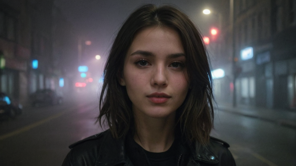 city street, neon, fog, volumetric, closeup portrait photo of young woman in dark clothes