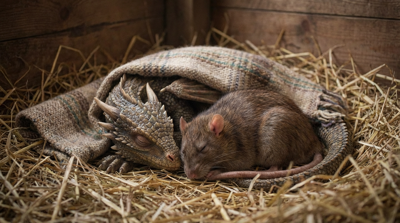 Sleeping Dragon And Rat In Hay dragon,rat,sleeping