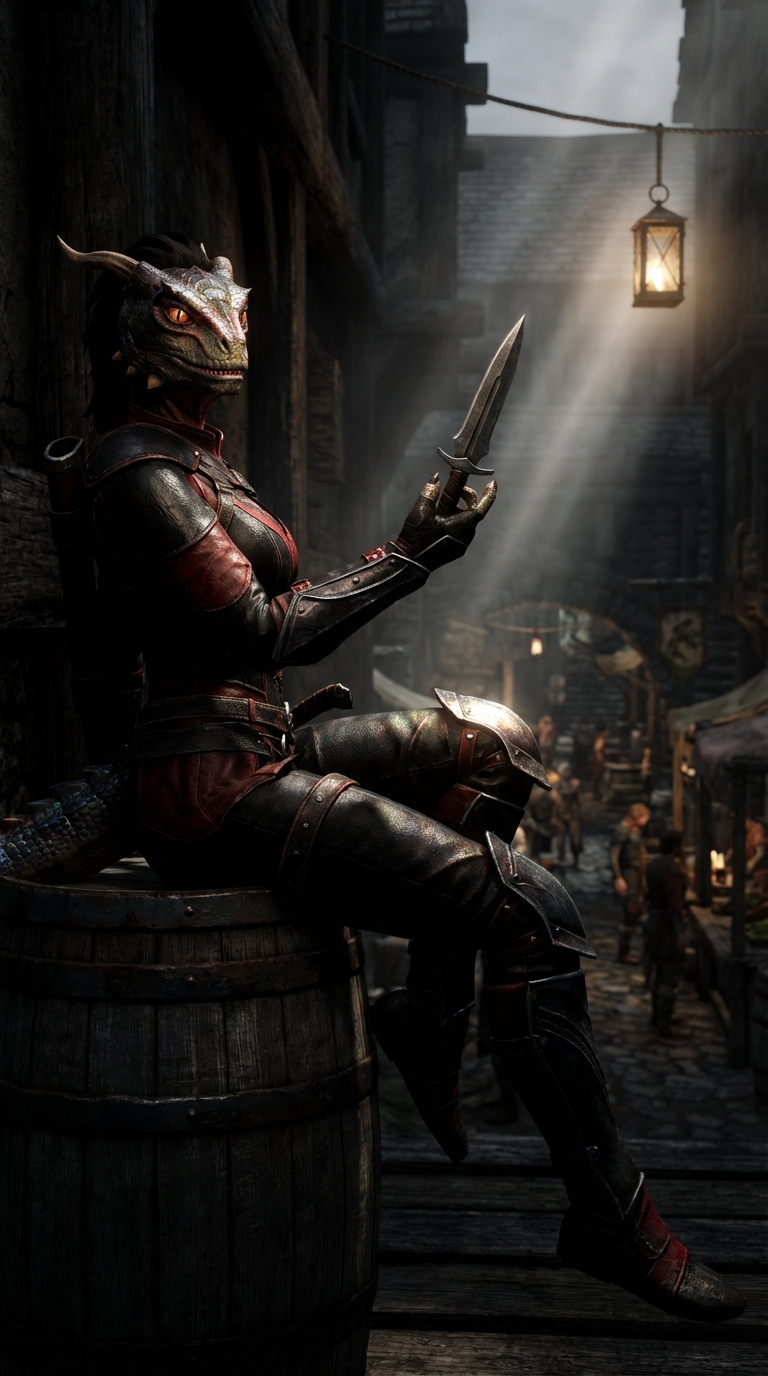 Argonian Assassin In Grimy Riften Alleyway Hello! Can you use this picture, it's colors, style, and pose from it, and remake it with the following prompt:
A screenshot from a modded Skyrim Special Edition (i.e. with better textures but still mostly Skyrim style) . The scene is a dark, grimy alleyway gangplank in the city of Riften, overlooking a bustling marketplace below. Perched on a wooden barrel in the shadows is an Argonian female assassin - our character. Her scales have a detailed, realistic texture with subtle iridescence, reflecting the dim light.
She wears tight-fitting black and red leather armor with dark metal accents. Her pose is relaxed yet alert: she sits with one digitigrade leg dangling over the edge of the barrel, the other knee raised to her chest, its foot planted on the barrel top. In her hands, she casually flips a sleek steel dagger. Her anatomy is distinctly reptilian, with a thick, powerful tail coiled beside her for balance.
Her face is turned slightly towards the marketplace, her expression cool and observant. Her eyes glow faintly with an inner amber or red light, featuring sharp, vertical slit pupils. The lighting is dramatic: a single shaft of light from a distant lantern or the moon cuts through the alley, illuminating the edge of her armor and the scales on her raised knee, while deep shadows cloak the rest of her form. The mood is one of dangerous, predatory calm. Render in ultra-realistic game graphics, with detailed specular highlights on scales and metal, subsurface scattering for skin, and volumetric god rays.
Remember though - the new image should retain the composition of the original image, the chiaroscuro, the playful smile of an argonian assassin girl.