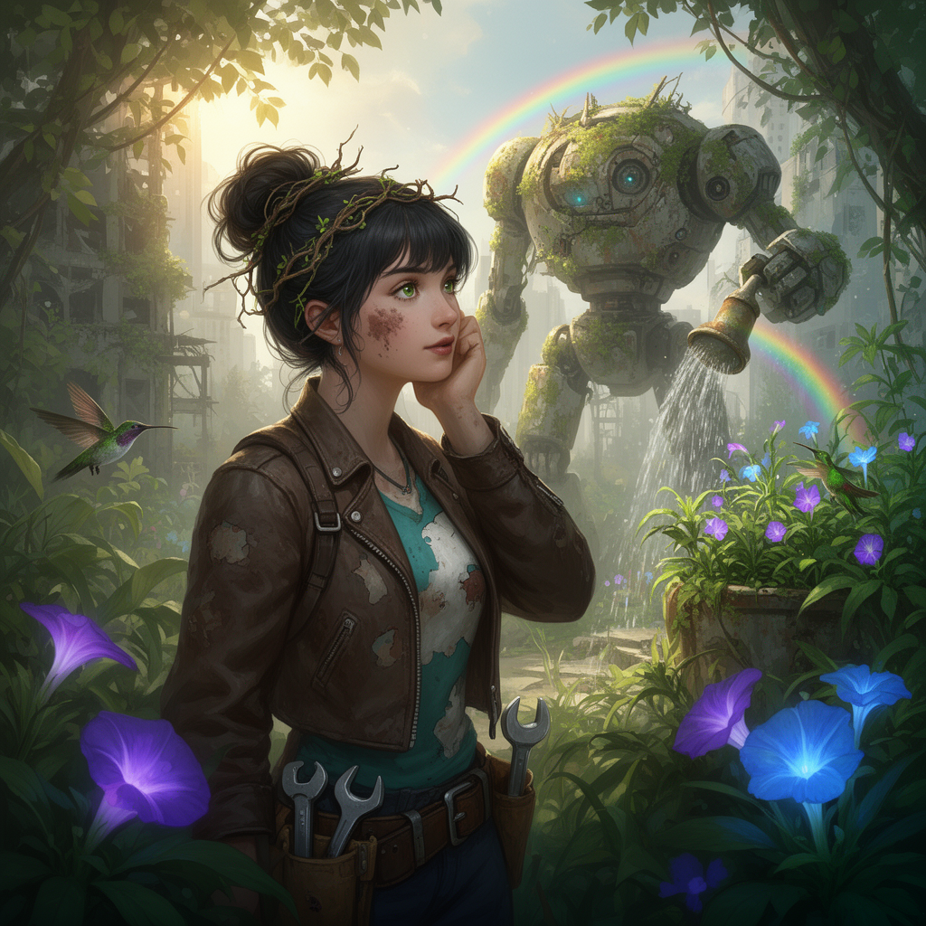 A beautiful young woman with dark hair in a messy bun adorned with vines and twigs, resting her chin on her hand, looking thoughtfully into the distance. She wears a brown leather jacket, a patched teal and white shirt, and a utility belt with wrenches. Her face has subtle dirt marks, and her green eyes are vibrant.

Art style: Digital painting, highly detailed, fantasy art, concept art.

Lighting: Bright, dappled sunlight filtering through leaves, creating highlights and shadows, warm glow.

Mood: Hopeful, adventurous, serene, post-apocalyptic nature reclaiming civilization.

Colors: Lush greens, earthy browns, vibrant blues and purples from glowing flowers, hints of rainbow.

Atmosphere: Overgrown city ruins, lush jungle foliage, a colossal moss-covered robot in the background watering plants with a rainbow, a hummingbird flying.