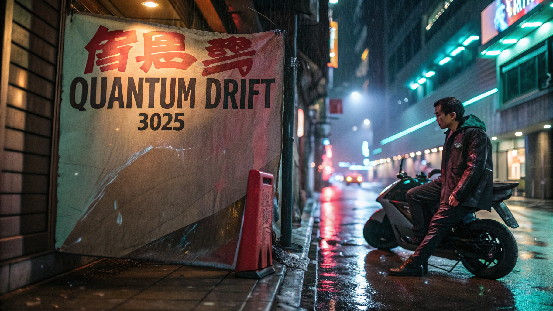 Torn street poster: 'QUANTUM DRIFT 3025' text crackles with electricity, street samurai leaning against hoverbike, cyberpunk alley location, rain effects, neon reflections
