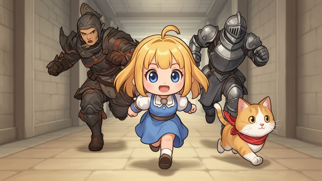 Chibi Girl And Cat Fleeing Warriors