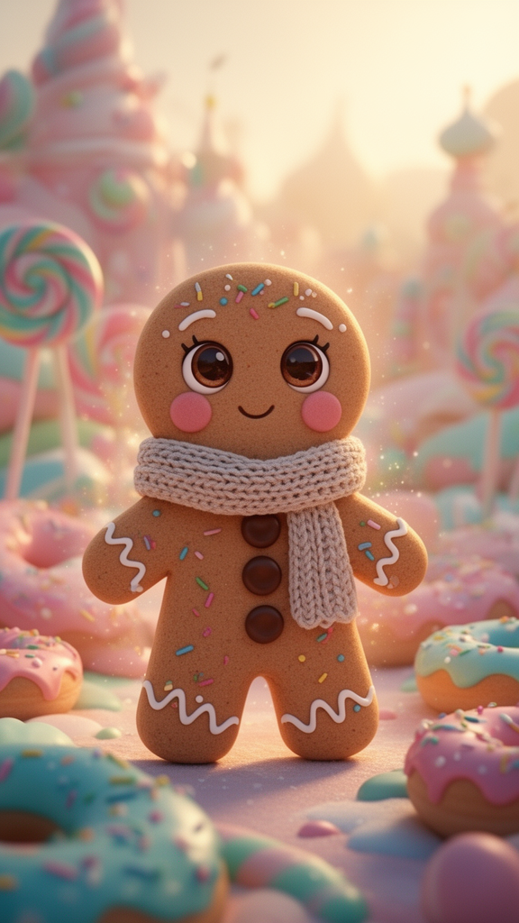 A Charming, Cute Gingerbread Man A charming, cute gingerbread man character with large, innocent brown eyes and rosy cheeks, wearing a knitted scarf and chocolate buttons, standing upright in a whimsical candy land. The character is adorned with colorful icing details and sprinkles. Digital art, 3D render style, with a soft, inviting aesthetic. Warm, golden hour lighting creates a glowing, magical mood with subtle sparkles around the gingerbread man. A pastel color palette dominates, featuring soft browns, pinks, blues, and greens. The atmosphere is sweet and enchanting, with a shallow depth of field, blurring the background elements like lollipops, donuts, and candy structures.