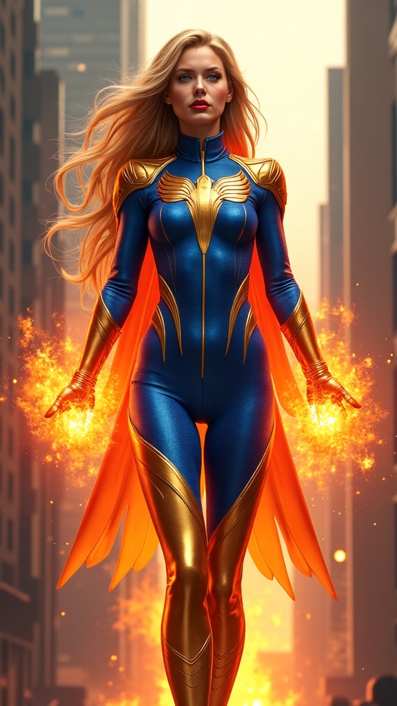 Female superhero, fire based character. Caucasian 