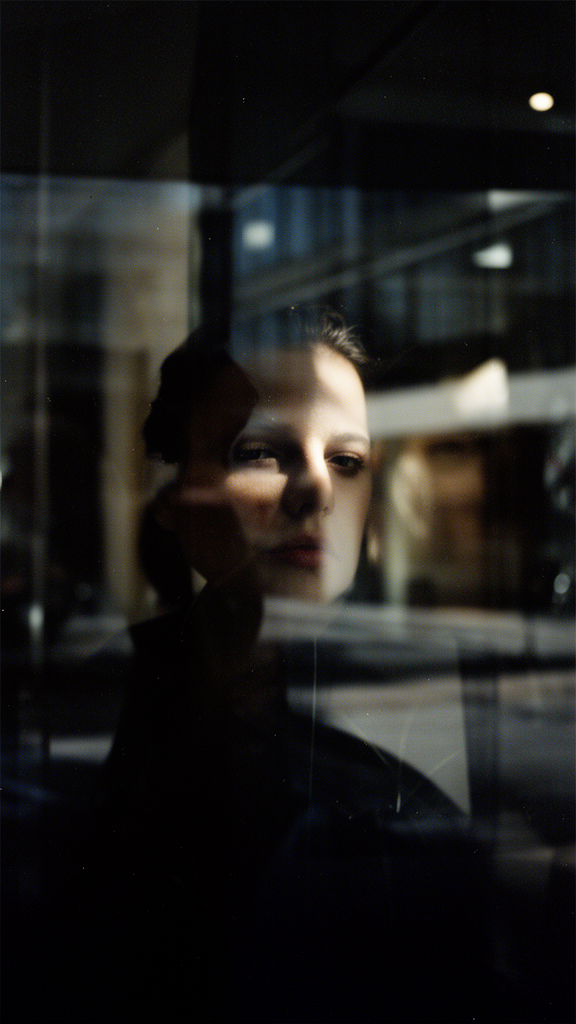 A moody portrait captured through reflective glass, introducing layered highlights and fractured shadows. The subject is partially visible, distorted by reflections, with sharp clarity on select details and softness elsewhere. Contrast is high, blacks are deep, and highlights bloom subtly. Grain adds a cinematic realism, as if captured on vintage film under modern lighting.
Lighting: mixed reflections + controlled highlights
Contrast: bold blacks, glowing highlights
Atmosphere: modern noir, cinematic ambiguity