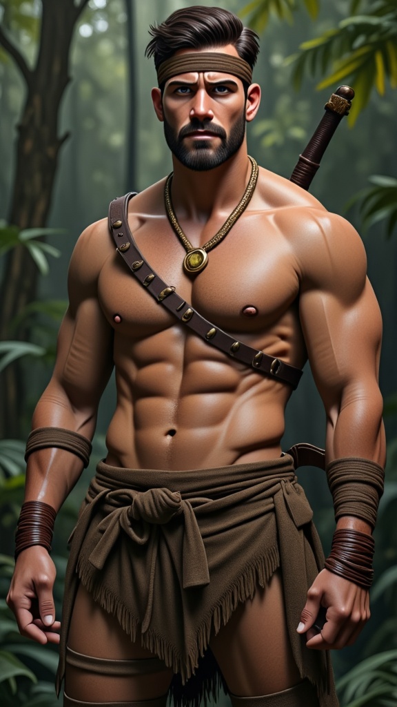 hypermasculine male, manly. Caucasian jungle man, dark brown hair short on sides longer on top. A brown leather band tied around the forehead. Tanned skin, smooth and hairless. Pale grey eyes with intense spiritual gaze. Strong brow and chiseled strong jaw, handsome, rugged looks. Soul patch on face. Tall, strong, muscular, sinewy, well defined, broad shoulders, broad chest, wide back. Olympian gymnast build/body. Gold necklace/talisman with leather strap around the neck. Wrapped brown leather bands around wrists, bands around tops of biceps, accenting big arms. Brown o-ring harness on the chest, strapped from the shoulder. Brown leather loincloth, barely covering  bulge in the groin area, exposing strong powerful legs. Soft, brown cloth knee-high boots wrapped around legs. Full body pose. He wields a unique bastard sword that he straps to his back. He keeps company with a huge, sleek black panther. ((MASTERPIECE))